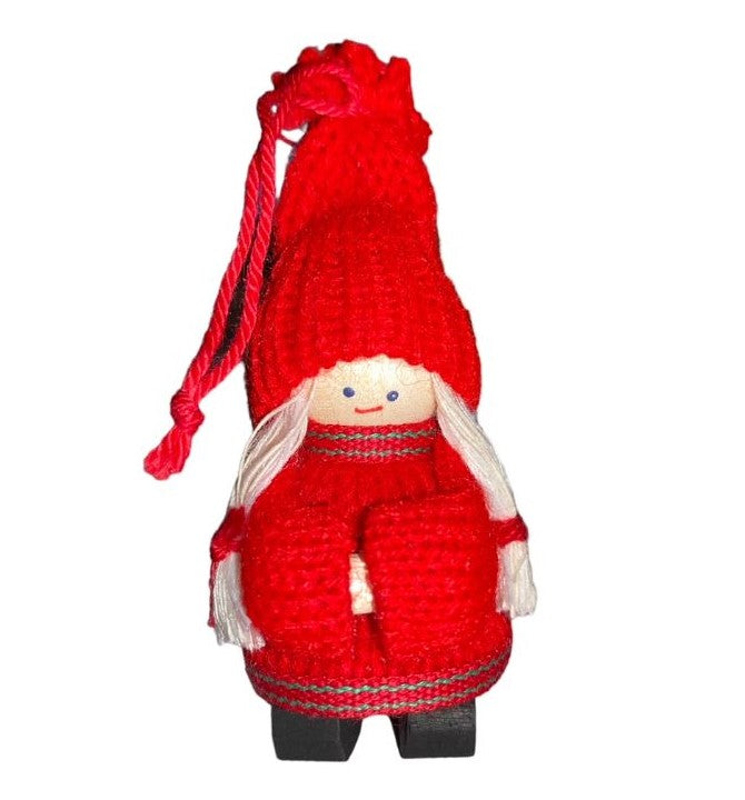 LARSSONS TRA Sweden RED Wooden Christmas TOMTE GIRL 3" Doll Ornament