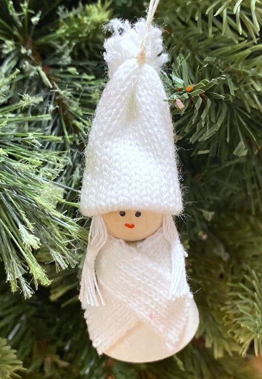 LARSSONS TRA Sweden WHITE Wooden Christmas TOMTE GIRL 3.5" Doll Ornament