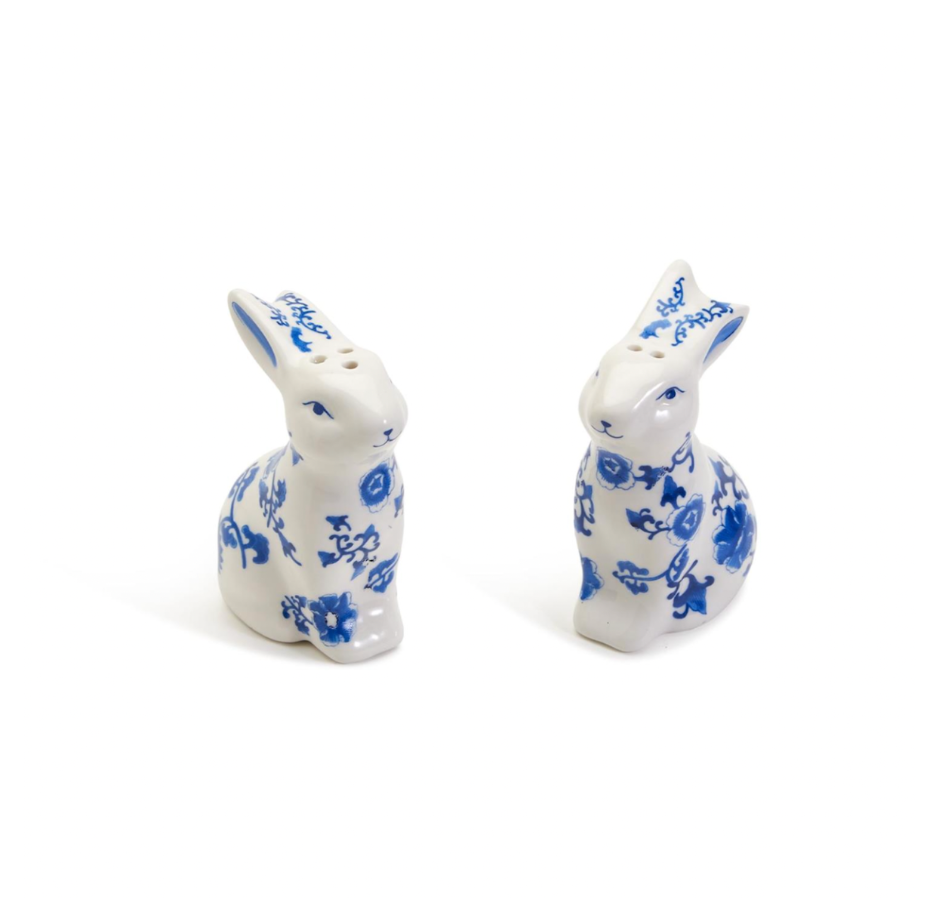 Two's Company Rabbit Porcelain Blue White Salt & Pepper Shakers