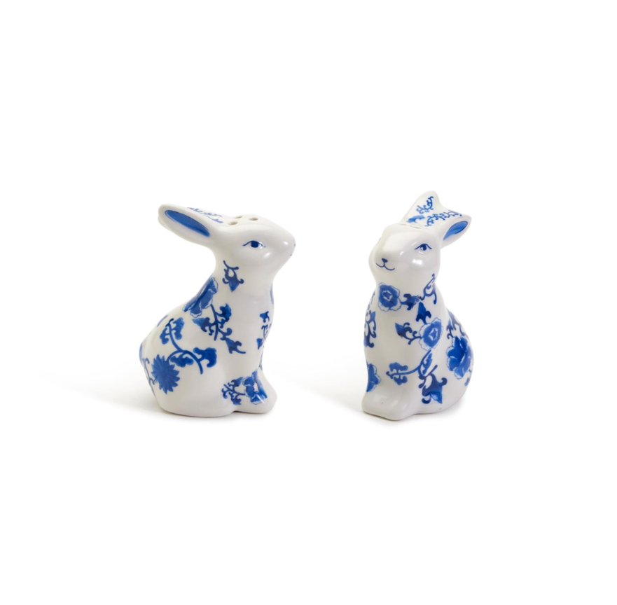 Two's Company Rabbit Porcelain Blue White Salt & Pepper Shakers