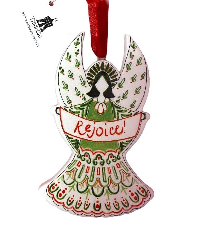 Candice Boatright Red Green Ceramic REJOICE ANGEL Christmas Ornament