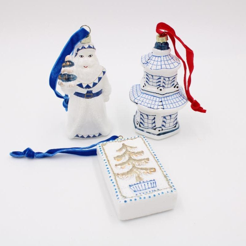 Asian Blue & White Gold Christmas Topiary Tree Glass Ornament