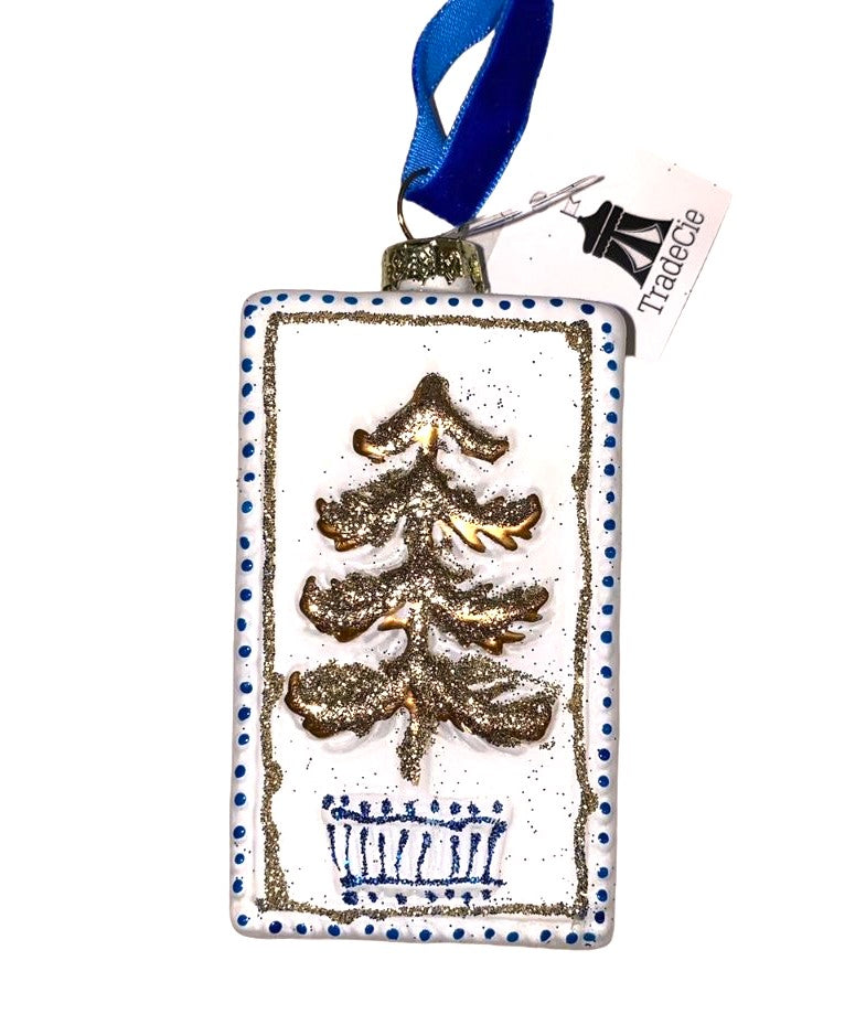 Asian Blue & White Gold Christmas Topiary Tree Glass Ornament