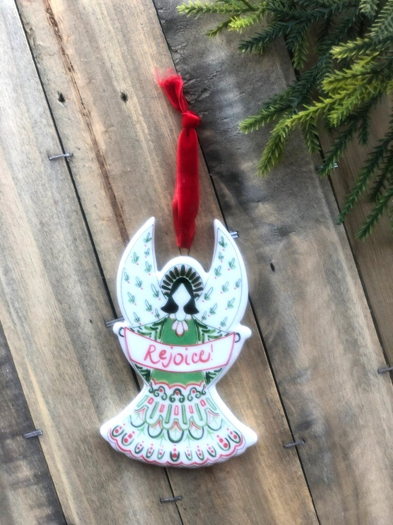 Candice Boatright Red Green Ceramic REJOICE ANGEL Christmas Ornament